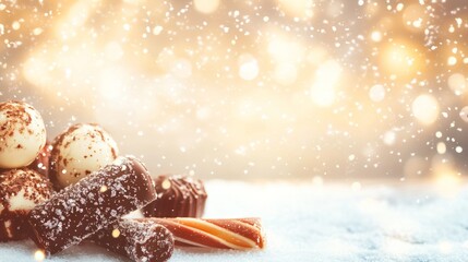 Assorted Chocolate Truffles and Candy Cane in Snowy Setting with Golden Holiday Bokeh Lights