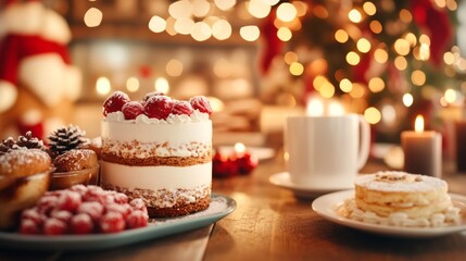 Cozy Christmas Dessert Table with Layered Cake, Fresh Raspberries, and Festive Candlelight Ambiance