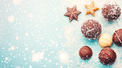 Top View of Christmas Chocolates and Star Cookies on Snow-Dusted Surface with Festive Winter Background