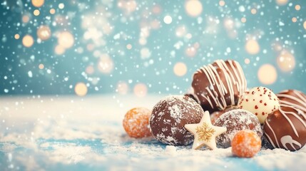 Winter Holiday Chocolate and Cookie Display with Snowy Accents and Star-Shaped Treats in Festive Atmosphere