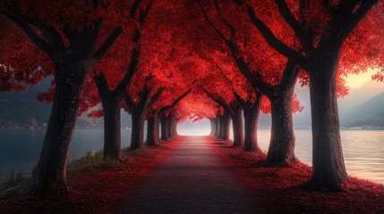 Fiery Red Maple Tree Pathway in Autumn Light