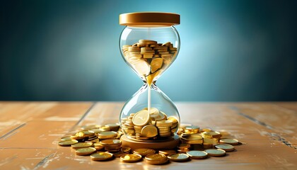 Golden coins in hourglass, wooden surface, financial growth and time management symbol