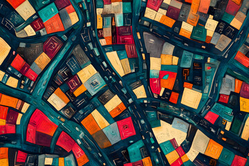 A vibrant and abstract depiction of a city skyline, with colorful squares and rectangles forming the buildings and streets.