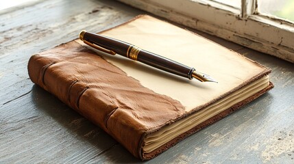 A vintage leather-bound journal with a fountain pen resting on its open page.