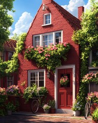Charming red brick house adorned with flowers and greenery, bicycle at the front.