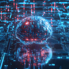 A digital brain glows with blue and red light, representing artificial intelligence and the power of technology.