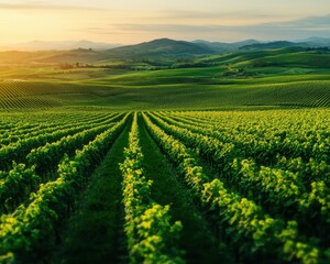 Vast vineyard landscape with rows of grapevines and rolling hills under a sunset sky.