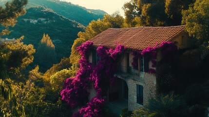 A beautiful stone house with a lush green lawn, surrounded by trees and a purple flowering vine.