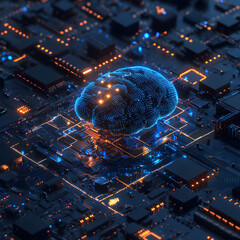 A digital brain glows with light on a circuit board, representing the intersection of technology and intelligence.
