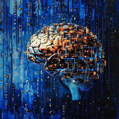 A digital rendering of a brain against a circuit board, representing the concept of artificial intelligence.