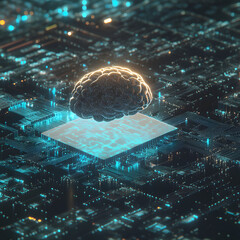 A digital brain hovers above a glowing circuit board, representing the power of artificial intelligence.