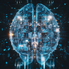 A digital rendering of a human brain, constructed from glowing blue circuitry, against a dark background.