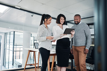 Business people, laptop and conversation with manager advice, review and public relations project....