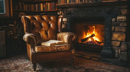 A leather armchair with a book sitting on it, next to a roaring fire.