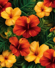 Colorful hibiscus flowers surrounded by vibrant green leaves.