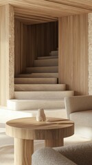 Minimalist Wooden Interior with Stairs and Decor