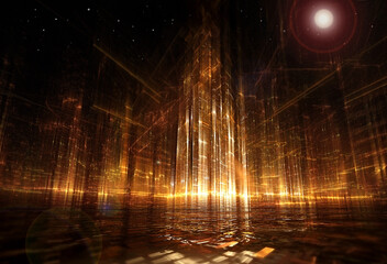 Golden beams and luminous structures form a futuristic cityscape, illuminated against a dark, starry sky 2