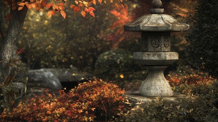 Traditional Serene Stone Lantern in Autumn Garden