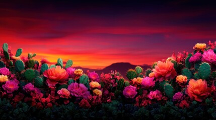Fototapeta premium Vibrant flowers against a stunning sunset backdrop, showcasing nature's beauty.