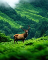 Fototapeta premium Majestic stag standing in verdant landscape under misty hills.