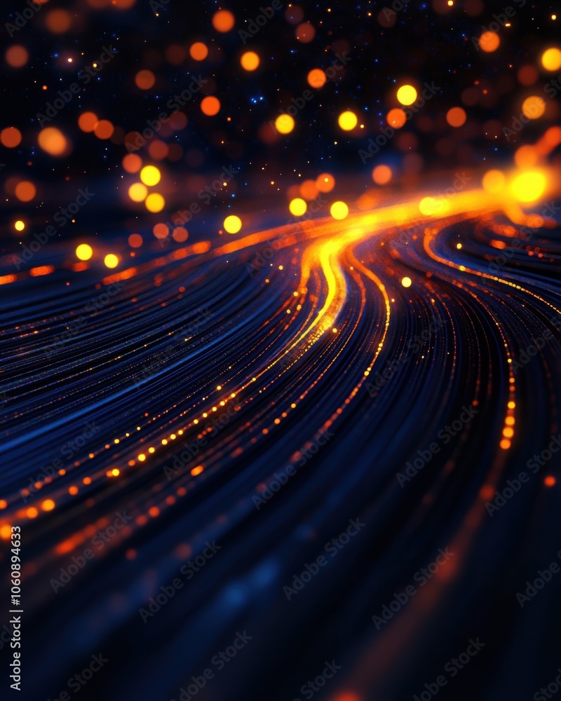 Poster vibrant abstract background with dynamic glowing lines and bokeh effects.