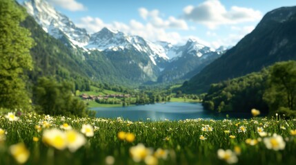 Scenic mountain view with lake and vibrant flowers in the foreground.