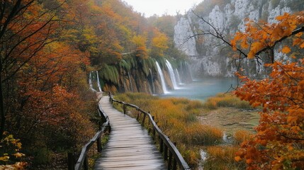 Serene Wooden Trail by Waterfalls in Autumn Landscape