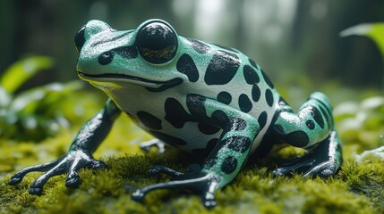 Fototapeta premium A vibrant green and black poison dart frog sits on a bed of moss in a lush rainforest setting.