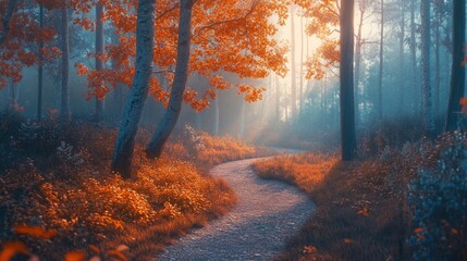 Obraz premium Serene Winding Path Through Tranquil Autumn Forest