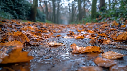 Fototapeta premium Autumn leaves on misty forest path.