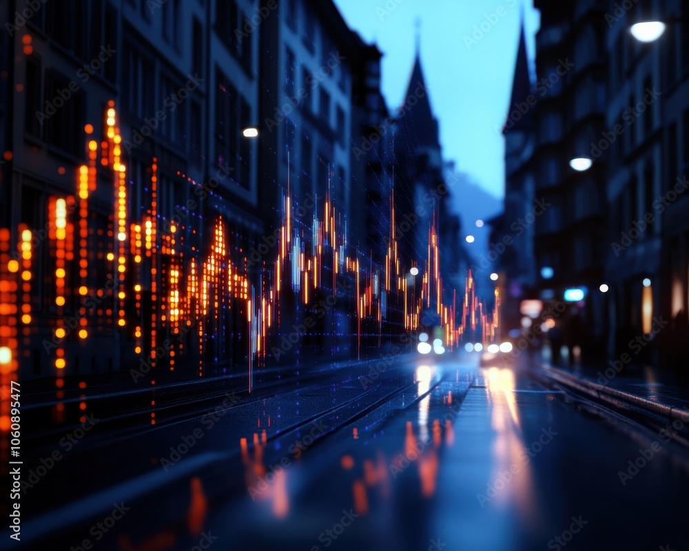 Poster dynamic city scene with glowing data visualizations in motion.
