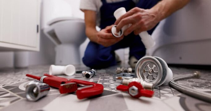 plumber working in bathroom. installing drain pipes. plumbing services