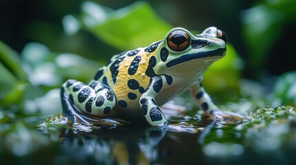 Fototapeta premium A vibrant green and yellow poison dart frog sits on a mossy rock with its eyes fixed on the camera.