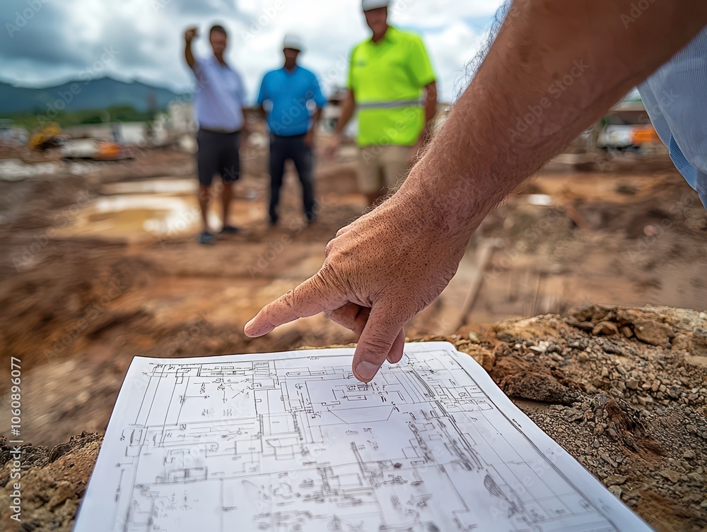 Poster hands of engineers and architects pointing paper work or blueprint construction site at the backgrou