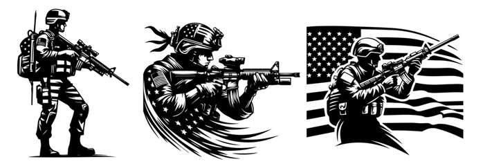 patriotic soldiers with american flag