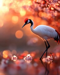 Elegant crane standing among flowers in a dreamy, colorful background.