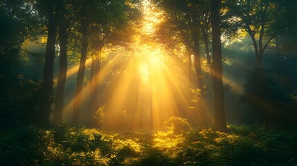 Sunlit Forest with Dappled Rays of Light Casting a Serene and Magical Atmosphere