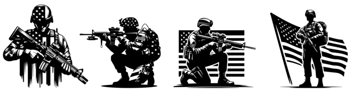 military soldier silhouettes in action poses vector
