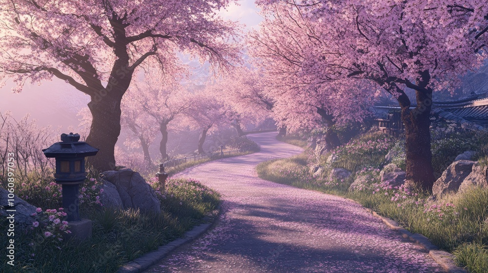Poster serene path through blossoming trees in spring