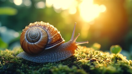 Elegant Snail Slowly Crawling on Moss Covered Ground in Soft Sunlight