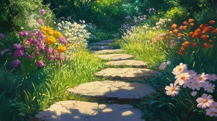 Inviting Stone Pathway Surrounded by Colorful Flowers