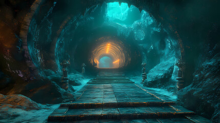 Obraz premium Fantasy futuristic underground tunnel environment. wide panoramic 3d render. Neon Blade City. Illustration