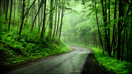 Obraz premium A serene road winding through a lush green forest, surrounded by tall trees and vibrant foliage.