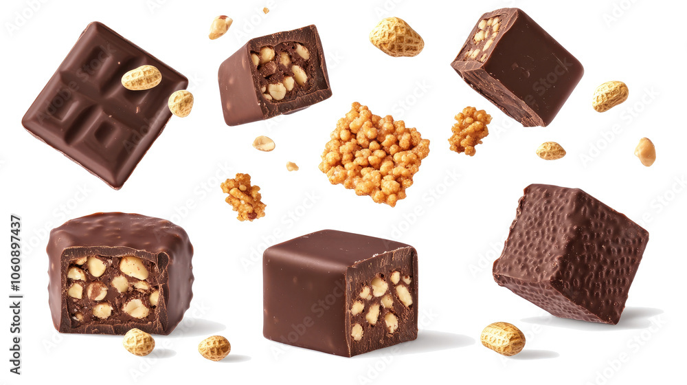 Aufkleber choco wafers and crispy peanuts floating in air generative ai