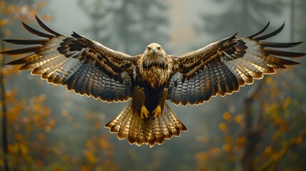 Obraz premium Majestic Eagle Soaring Over Lush Forest Landscape in Nature Documentary Aerial Shot