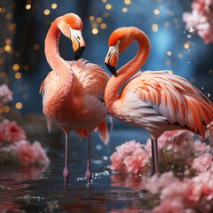 Graceful pink flamingos creating heart shape against magical bokeh background with cherry blossoms