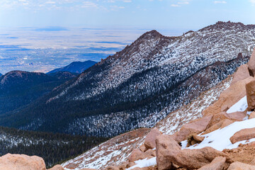 Panorama of winter mountains, snow-covered slopes of Pikes Peak mountains, Colorado