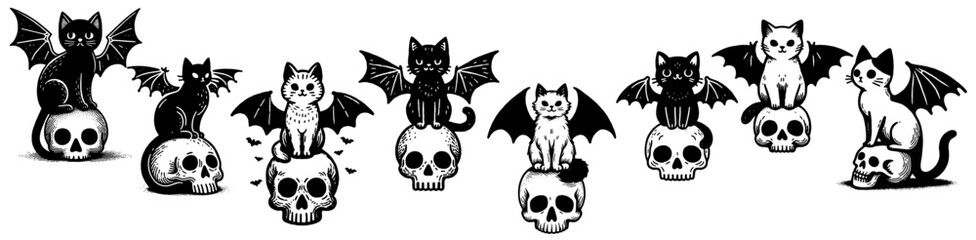 gothic cats sitting on skulls vector sketch