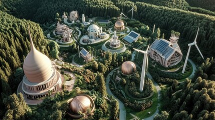 Obraz premium A 3D landscape with a large solar farm, wind turbines, and eco-friendly buildings, symbolizing a carbon-neutral and renewable-focused future.