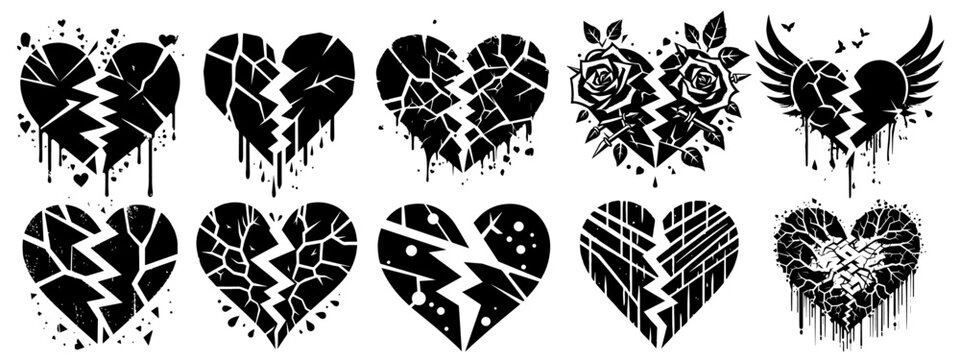 broken heart designs with dramatic details vector sketch